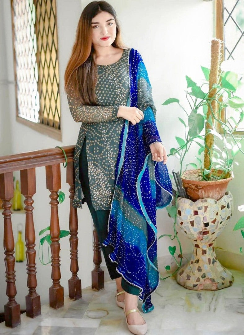 Dark green georgette bandhni printed salwar suit