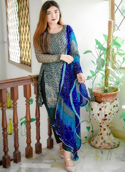 Dark green georgette bandhni printed salwar suit