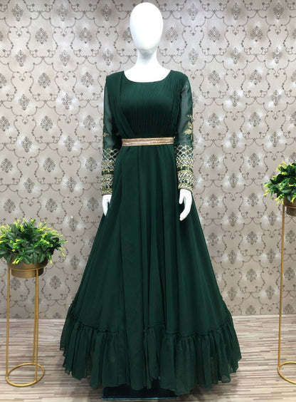 Dark green georgette embroidered party wear gown