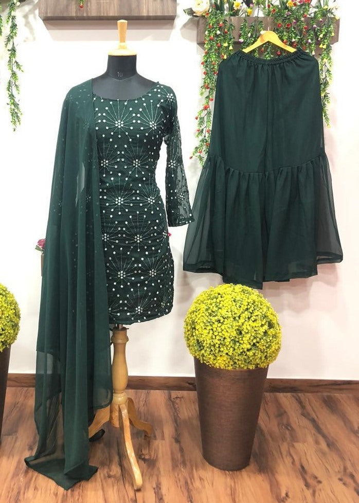 Dark green georgette embroidered sharara salwar suit