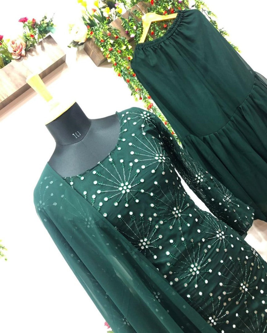 Dark green georgette embroidered sharara salwar suit