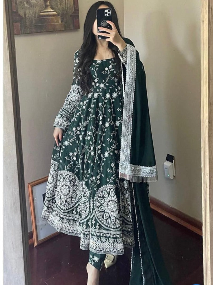 Dark green georgette heavy embroidered anarkali suit