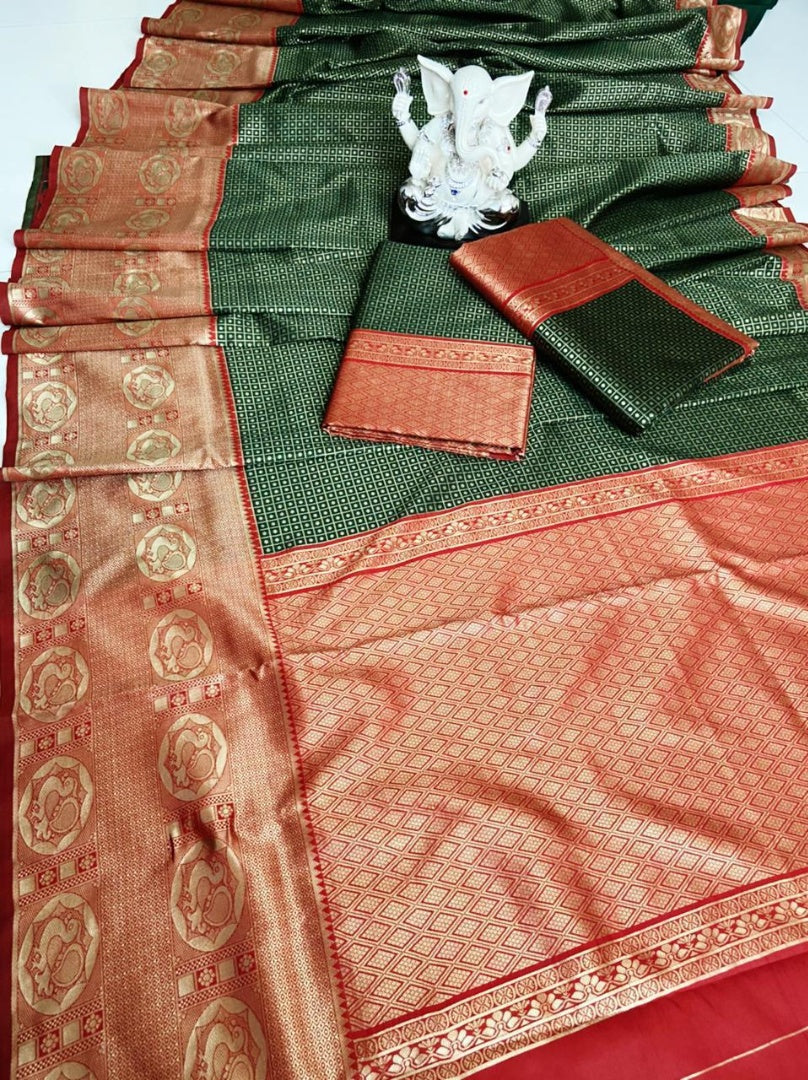 Dark green lichi silk jacquard weaving work wedding sare