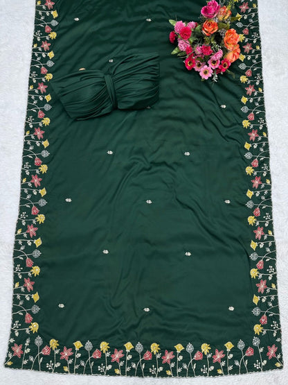 Dark green silk thread and sequence work designer party wear saree
