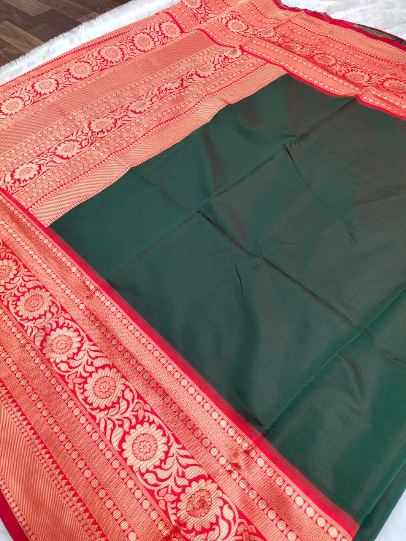 Dark green soft lichi silk jacquard weaving work wedding saree