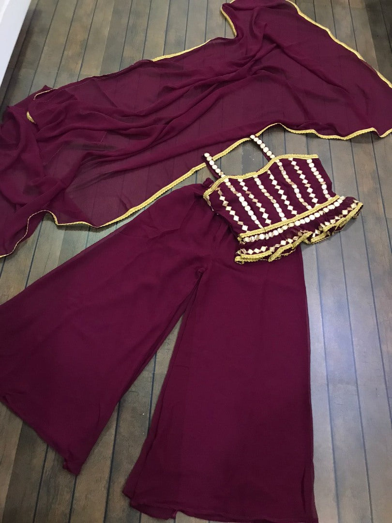 Dark maroon georgette plazzo suit