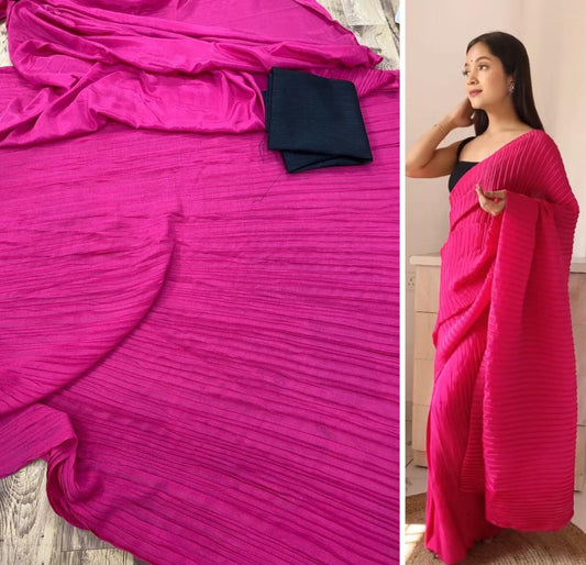 Dark pink chinu pleating work party wear saree