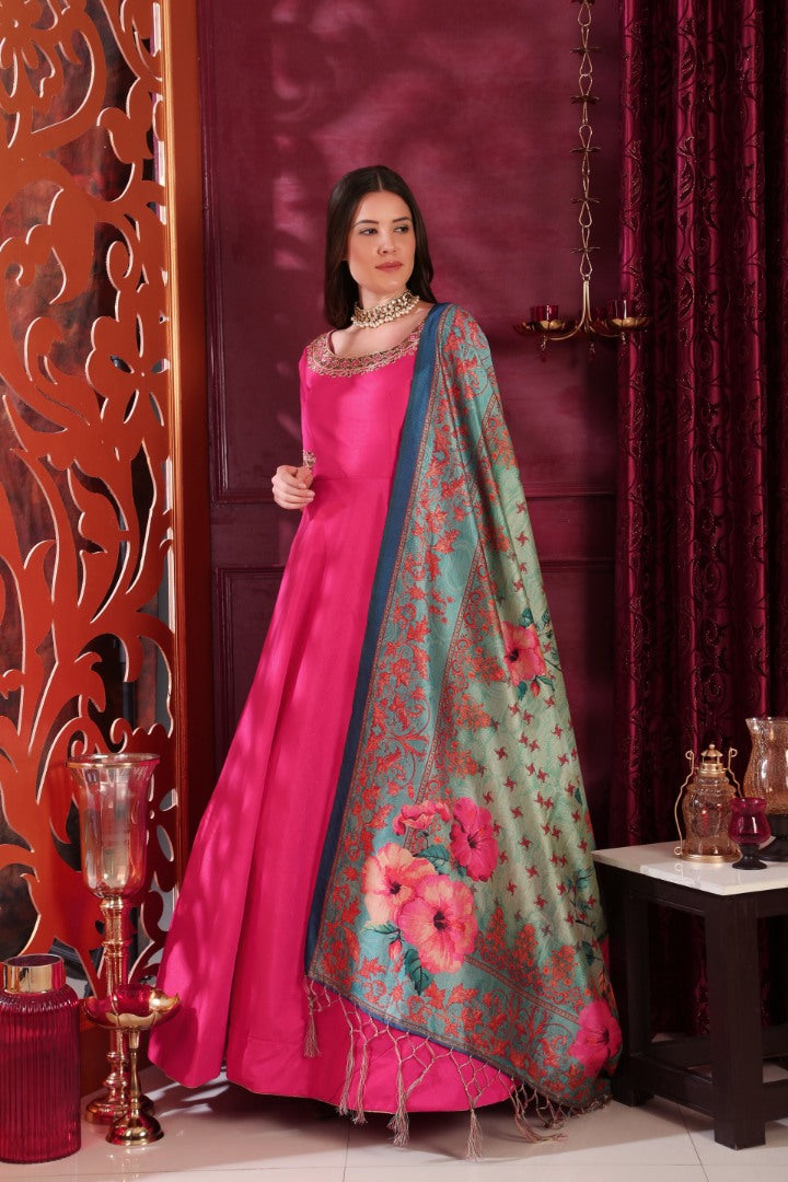 Dark pink silk zardoshi handworked neck designer gown with printed dupatta