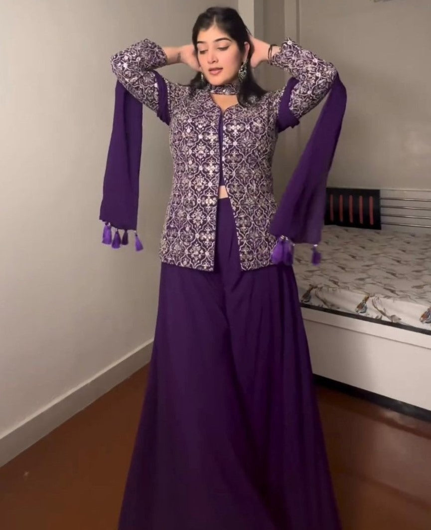 Dark purple georgette designer plazzo suit