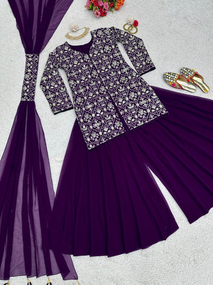 Dark purple georgette designer plazzo suit