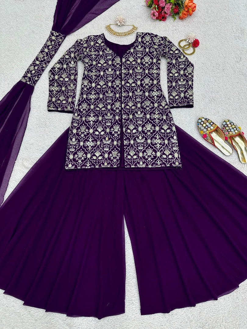 Dark purple georgette designer plazzo suit