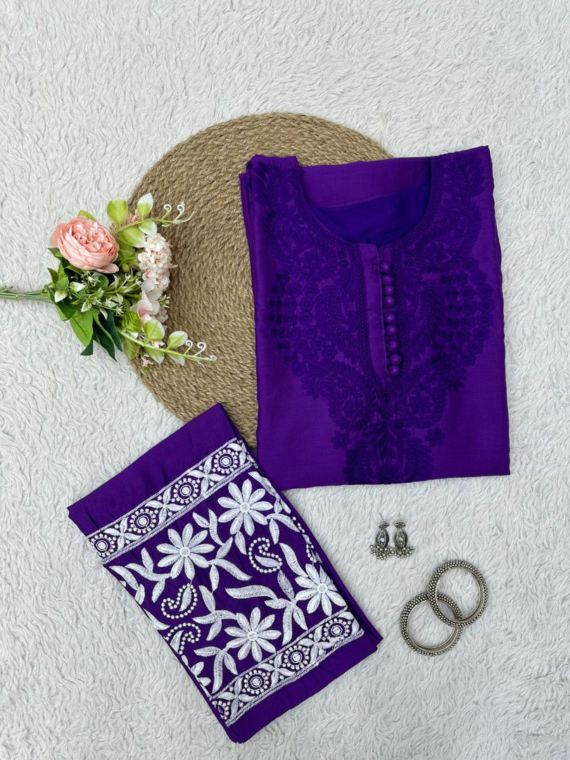 Dark purple muslin thread work pant suit