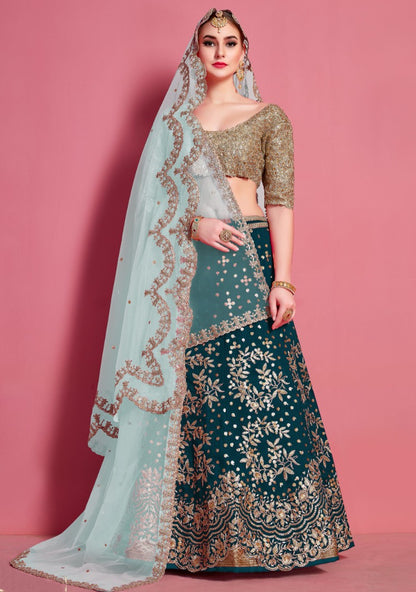 Dark rama art silk embroidered work bridal lehenga choli