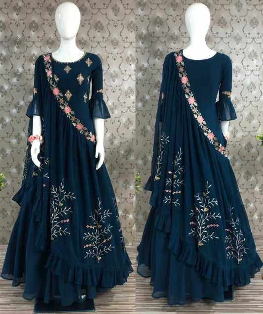 Dark rama blue georgette embroidered indowestern gown