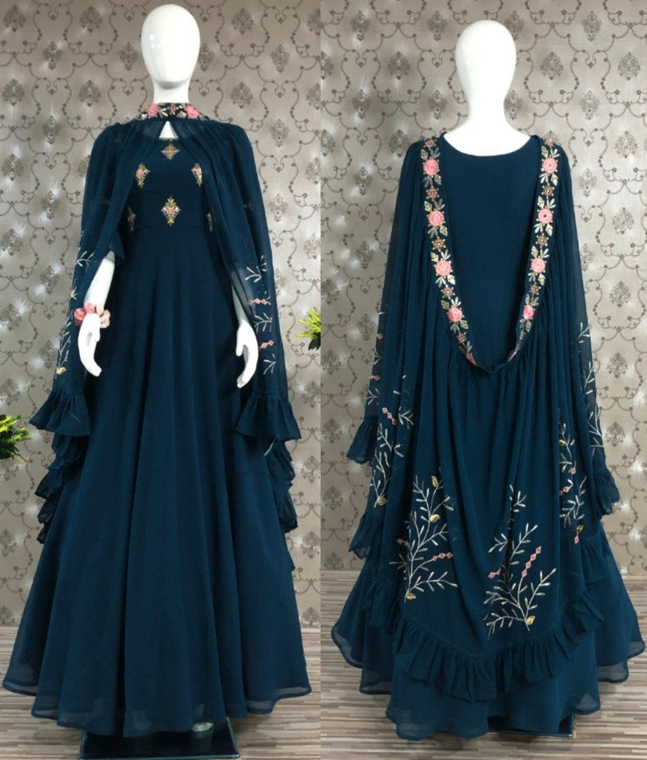 Dark rama blue georgette embroidered indowestern gown