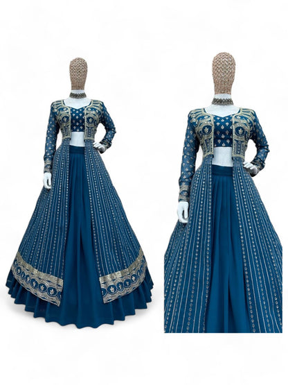 Dark rama heavy work designer indowestern lehenga choli with shrug