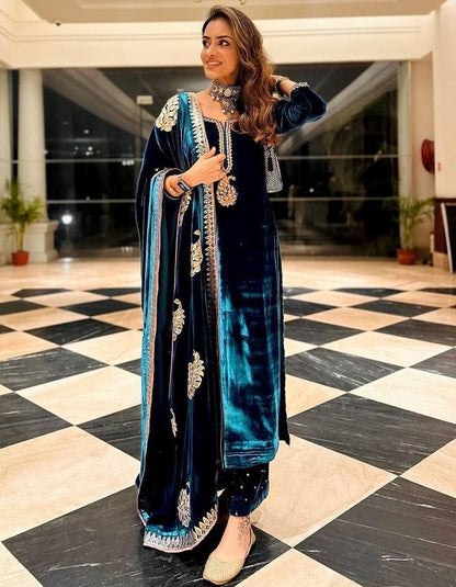 Dark rama velvet party wear salwar suit