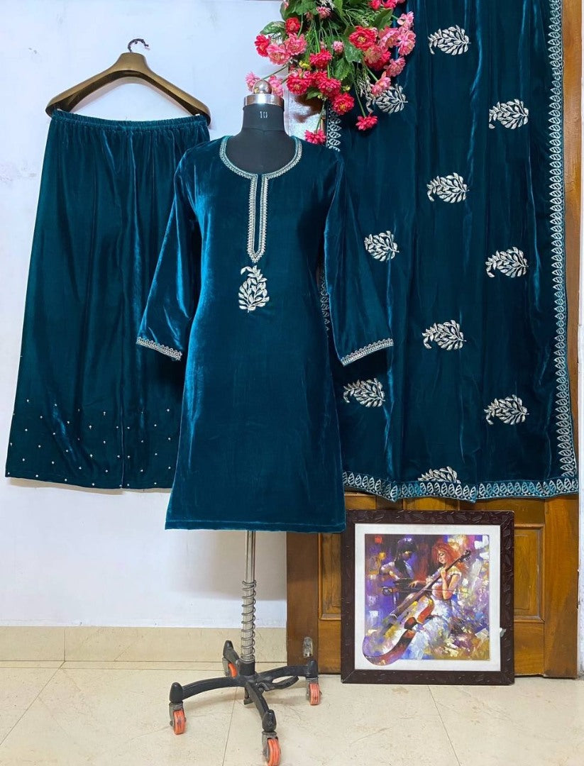 Dark rama velvet party wear salwar suit