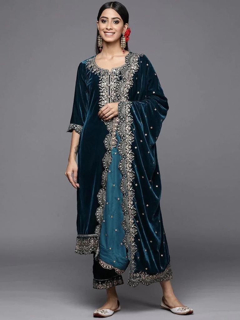 Dark rama velvet partywear plazzo suit