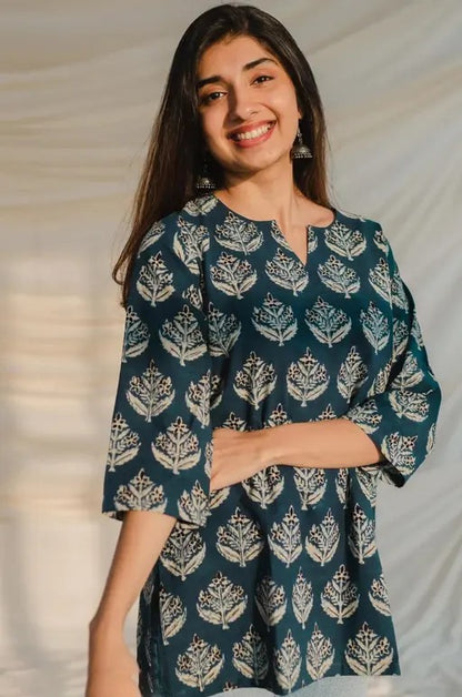 Deep green printed rayon short kurti