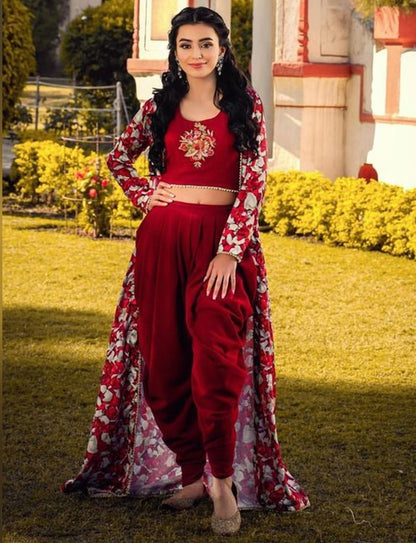 Designer Maroon partywear dhoti salwar suit with shrug