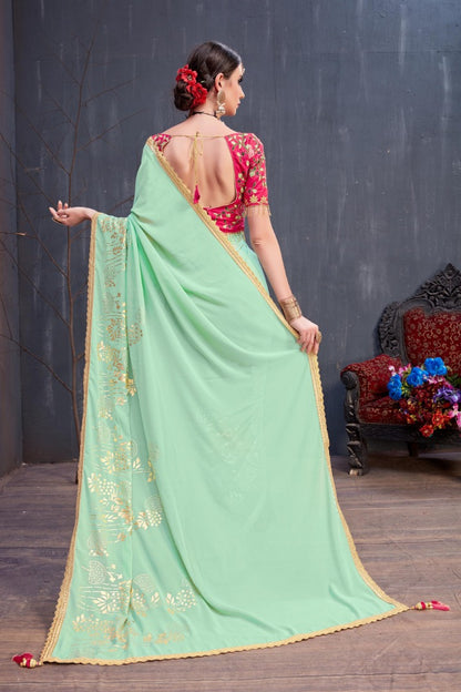 Designer mint green embroidered partywear saree