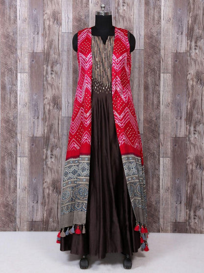 Designer satin silk printed and embroidered kurti with shrug