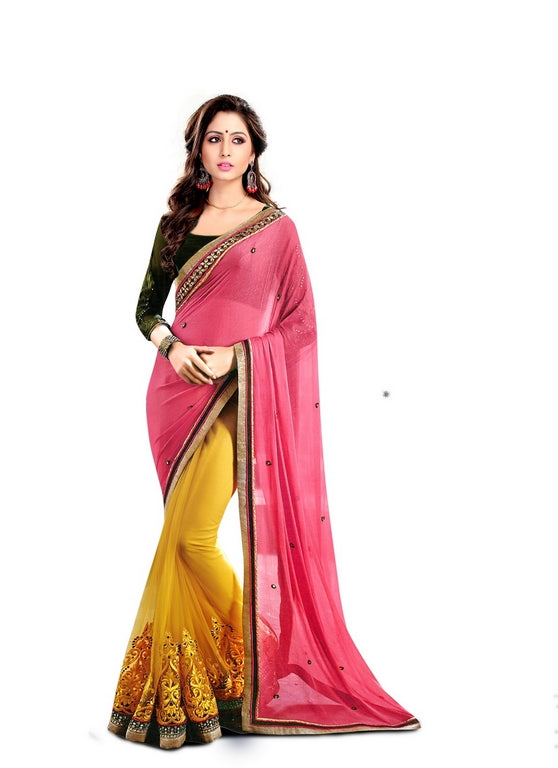 Designer stylist yellow and pink embroidered wedding saree