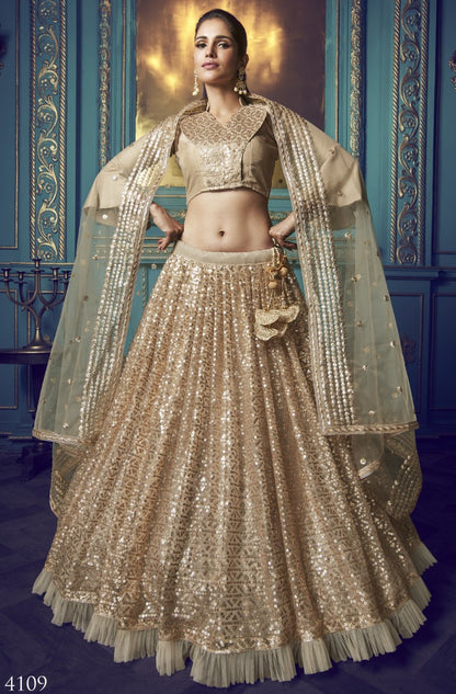 Dusty beige soft net sequence work bridal lehenga choli