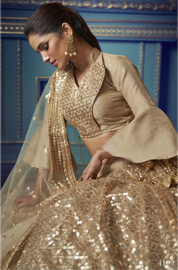 Dusty beige soft net sequence work bridal lehenga choli