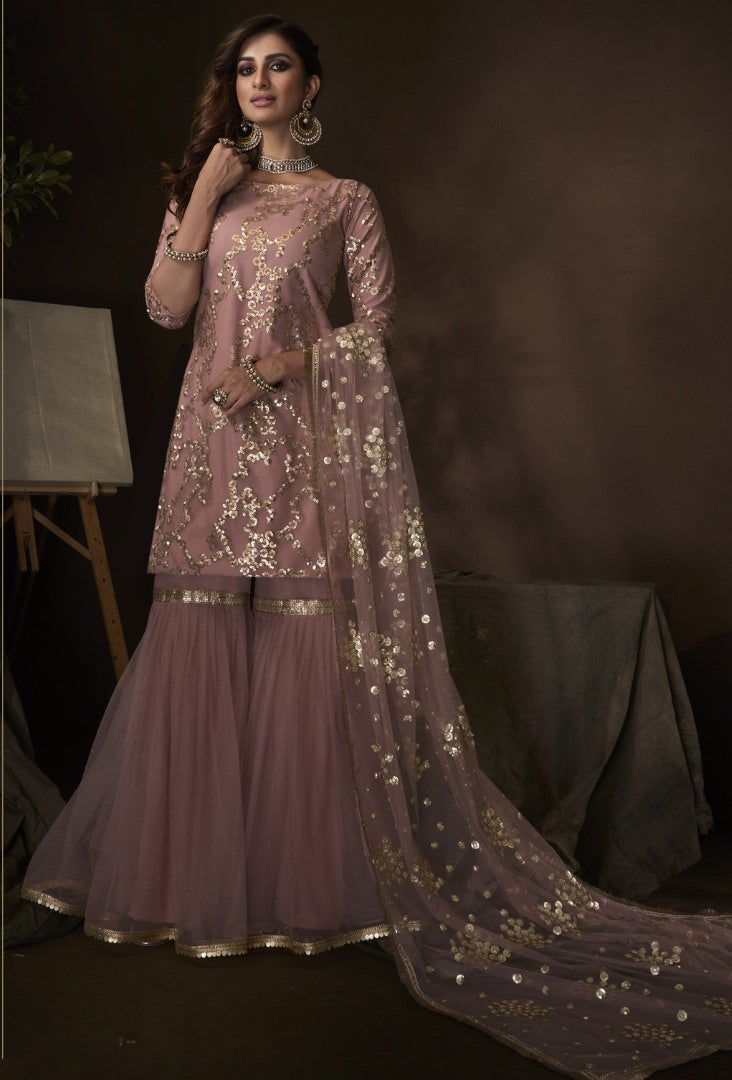 Dusty beige soft net sequence work ceremonial sharara salwar suit