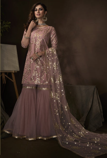 Dusty beige soft net sequence work ceremonial sharara salwar suit