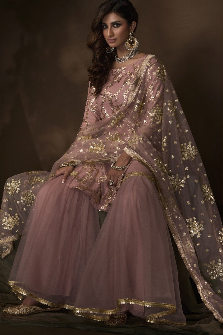 Dusty beige soft net sequence work ceremonial sharara salwar suit