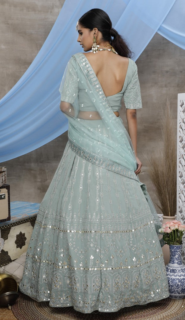 Dusty green georgette embroidered party wear lehenga choli