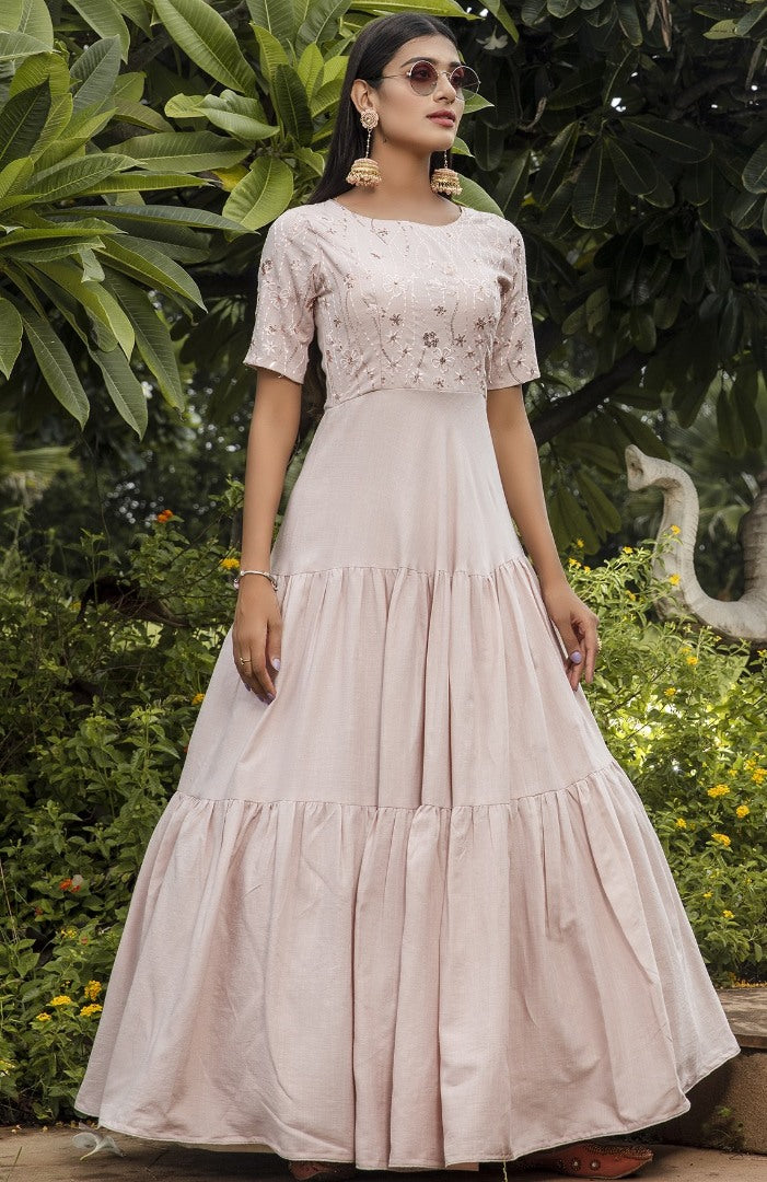 Dusty pink cotton embroidered party wear anarkali gown