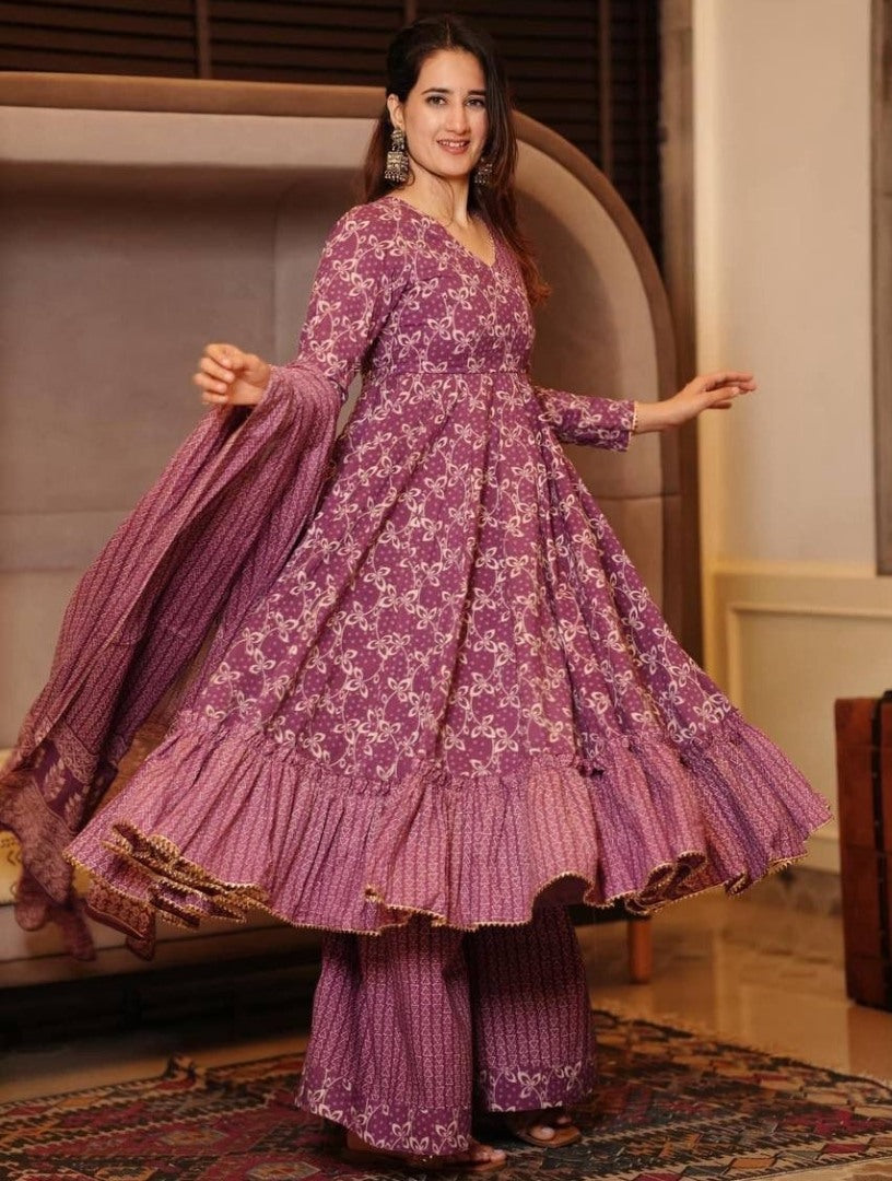 Dusty rose cotton printed plazzo anarkali suit