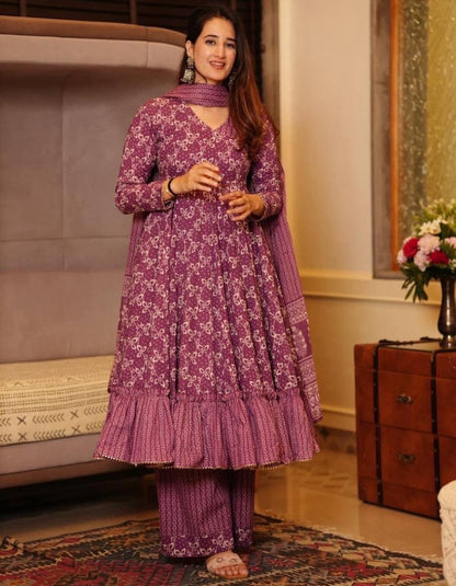 Dusty rose cotton printed plazzo anarkali suit