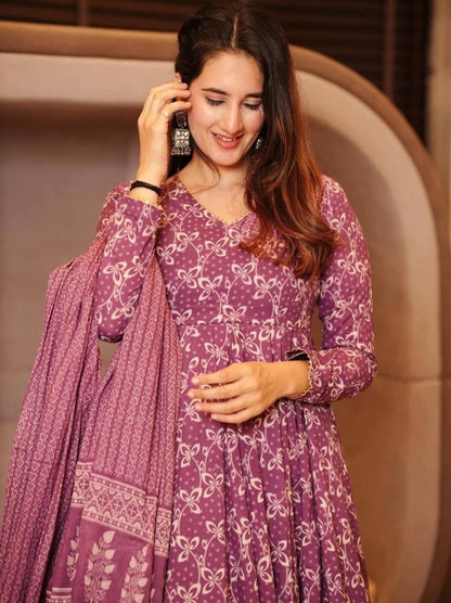 Dusty rose cotton printed plazzo anarkali suit