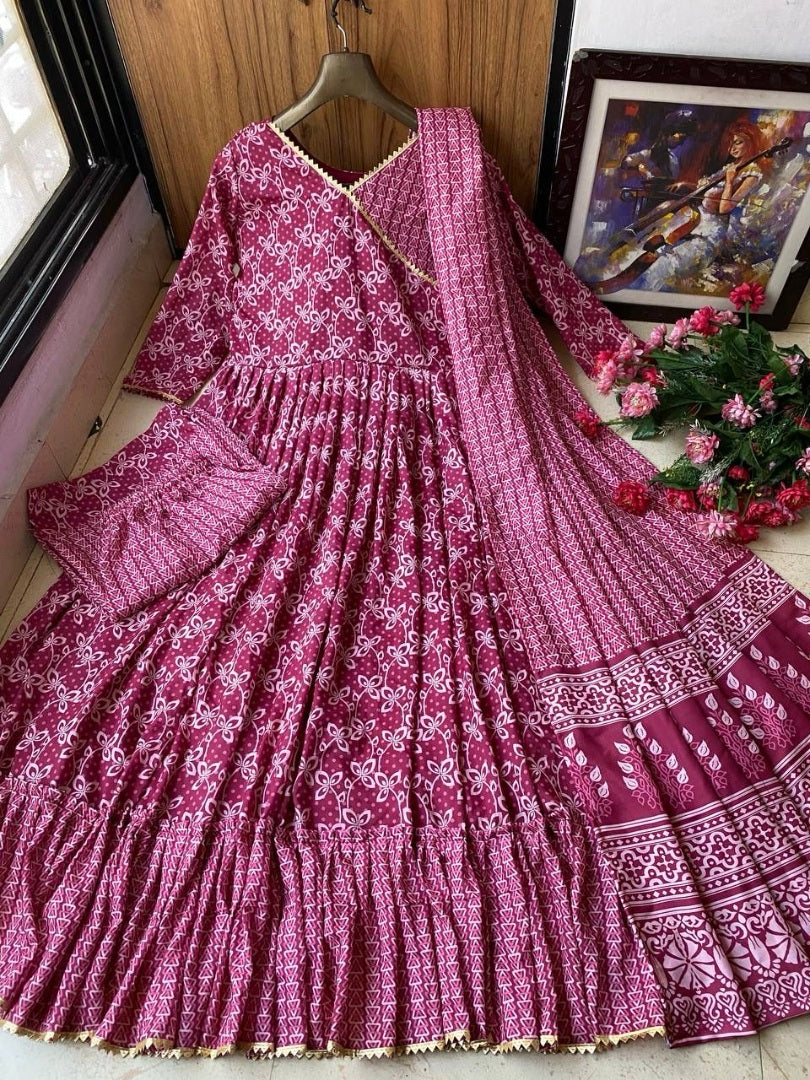 Dusty rose cotton printed plazzo anarkali suit