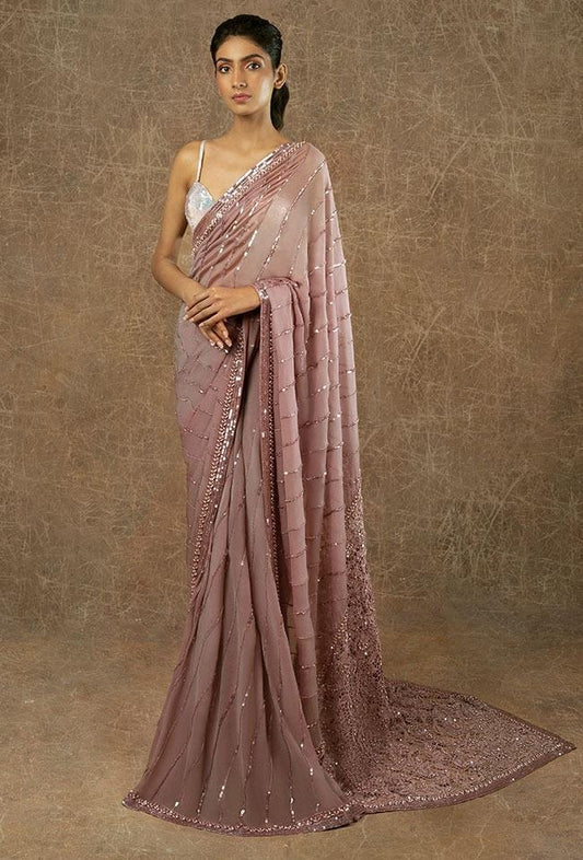 Dusty rose georgette sequence and embroidered work designer wedding saree