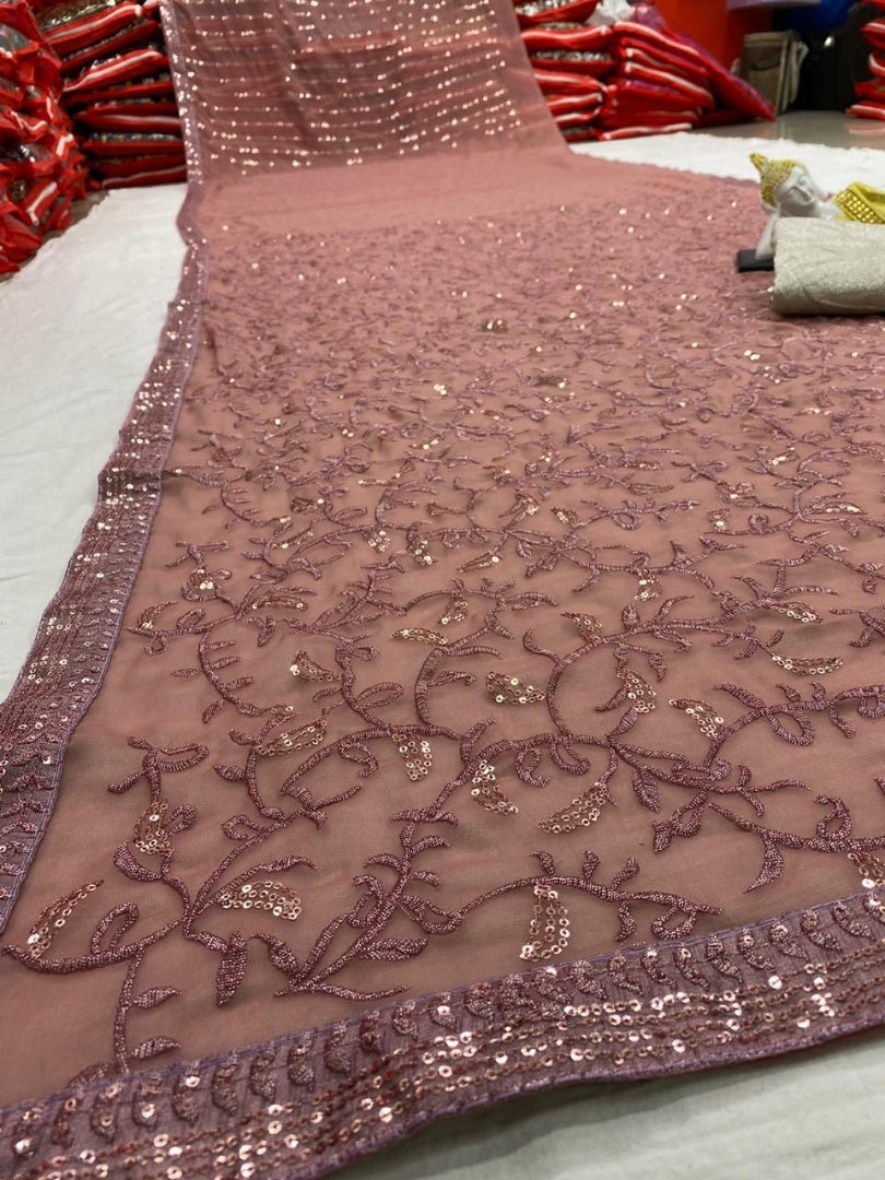 Dusty rose georgette sequence and embroidered work designer wedding saree