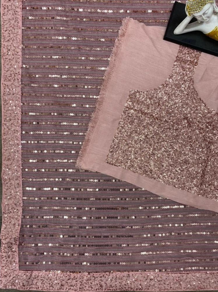 Dusty rose georgette sequence embroidered work designer saree