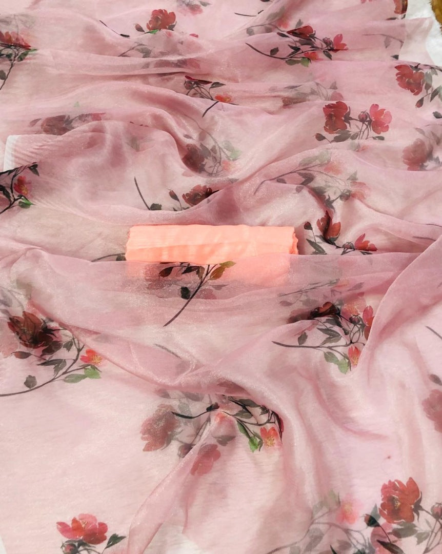 Dusty rose pink organza silk floral printed saree