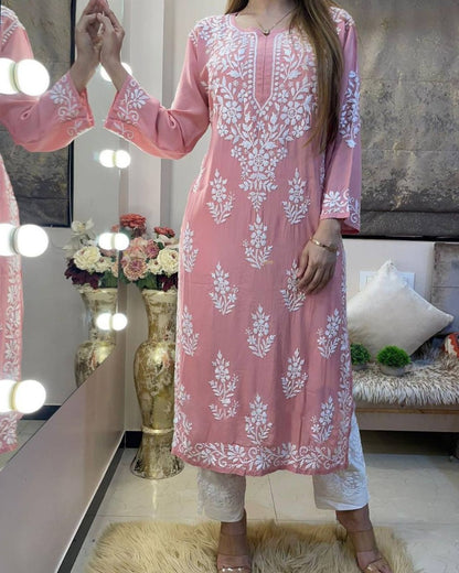 Dusty rose rayon chikankari work summer kurti