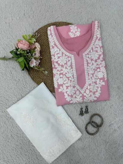 Dusty rose rayon chikankari work summer kurti