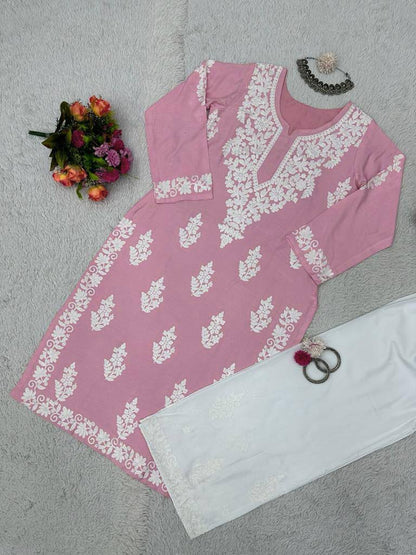 Dusty rose rayon chikankari work summer kurti