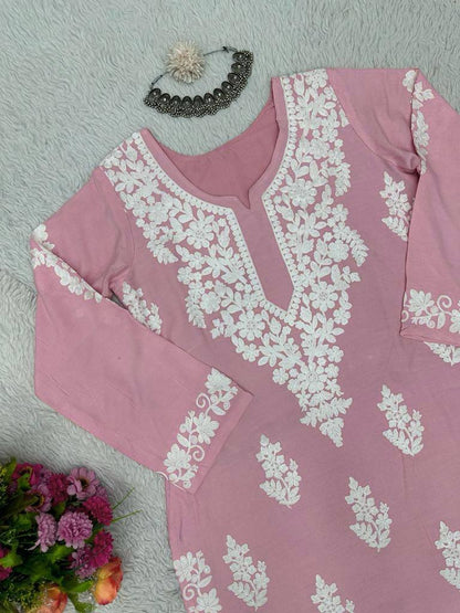 Dusty rose rayon chikankari work summer kurti