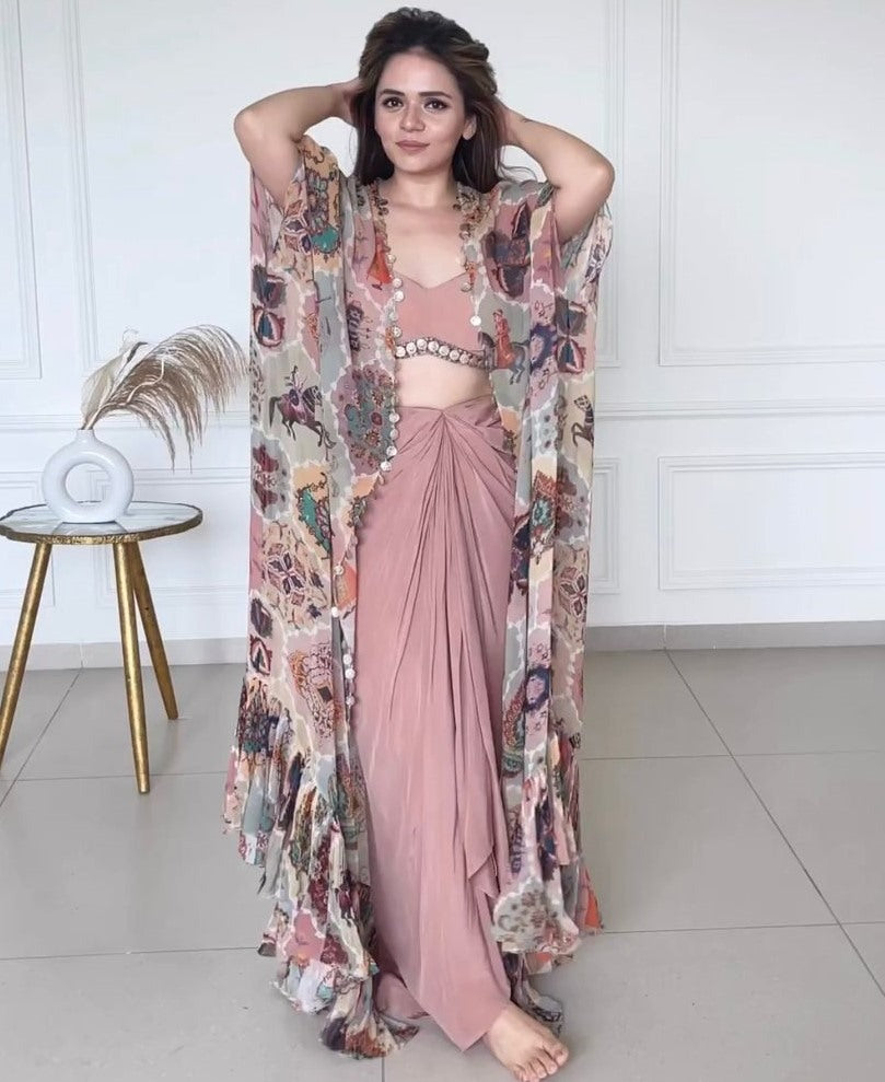 Dusty rose silk indowestern dhoti suit with printed shrug