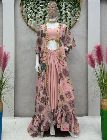 Dusty rose silk indowestern dhoti suit with printed shrug
