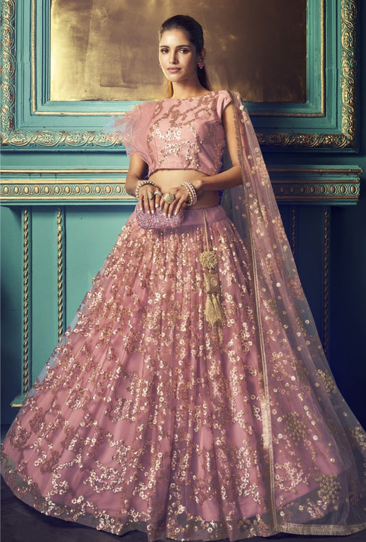 Dusty rose soft net sequence work bridal lehenga choli